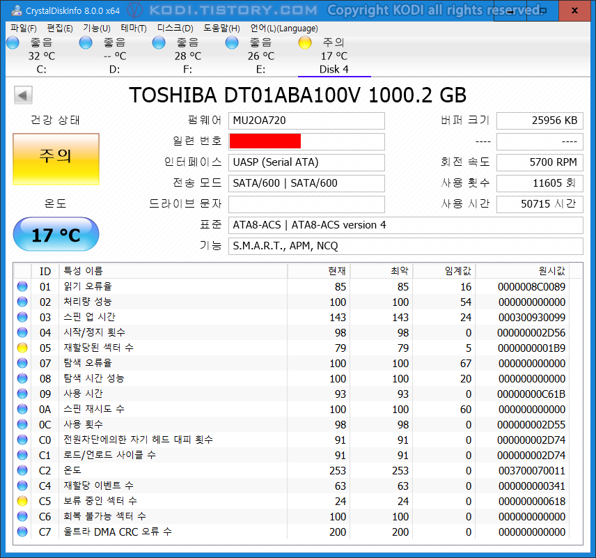 기존의 도시바 하드 디스크 CrystalDiskInfo