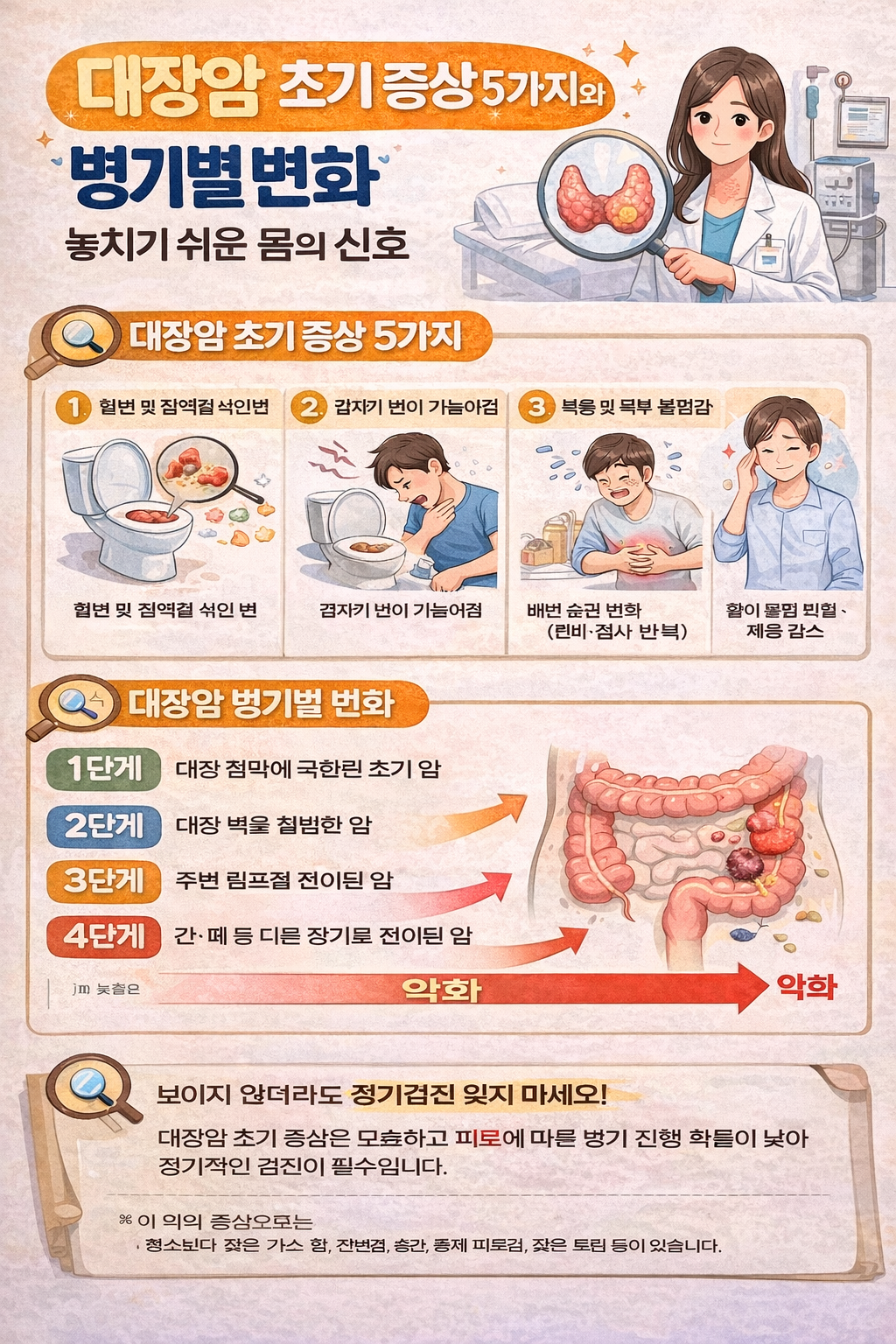 대장암 초기 증상 5가지와 병기별 변화: 놓치기 쉬운 몸의 신호