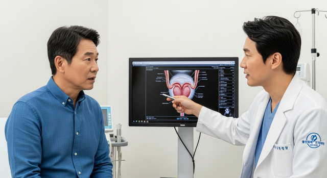 빈뇨원인 전립선 진료받는 중년 남성