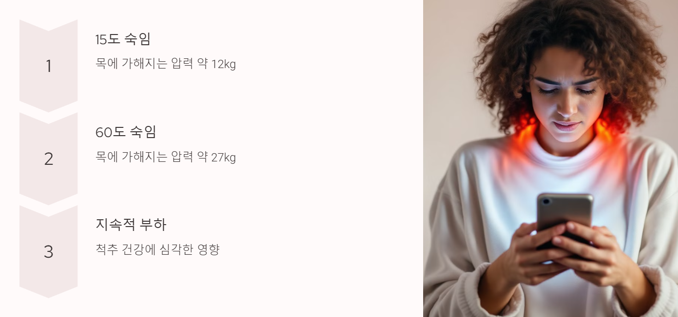 고개를 숙이는 각도에 따라 목에 가해지는 압력을 나타내는 이미지