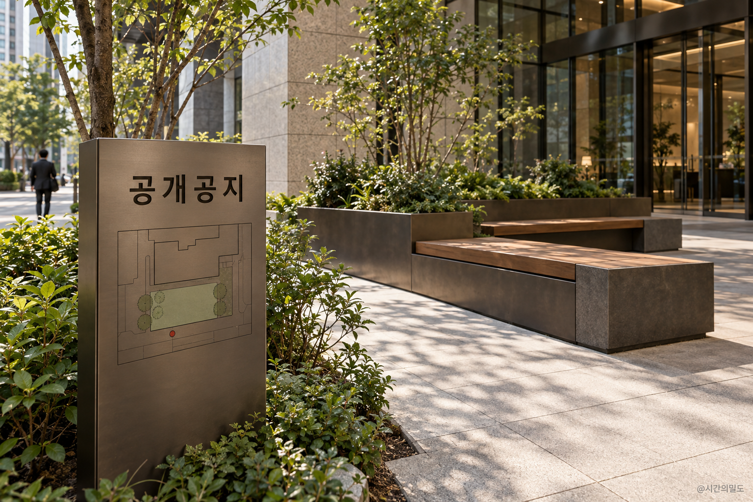 공개공지라고 표시된 가상 안내판의 배치도와 그 뒤 녹지·벤치 영역을 함께 보여주는 사람 눈높이 장면