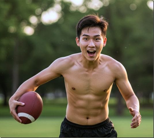 외상성 뇌출혈 원인 스포츠 부상, 보호장비 없이 미식 축구하는 남성 사진