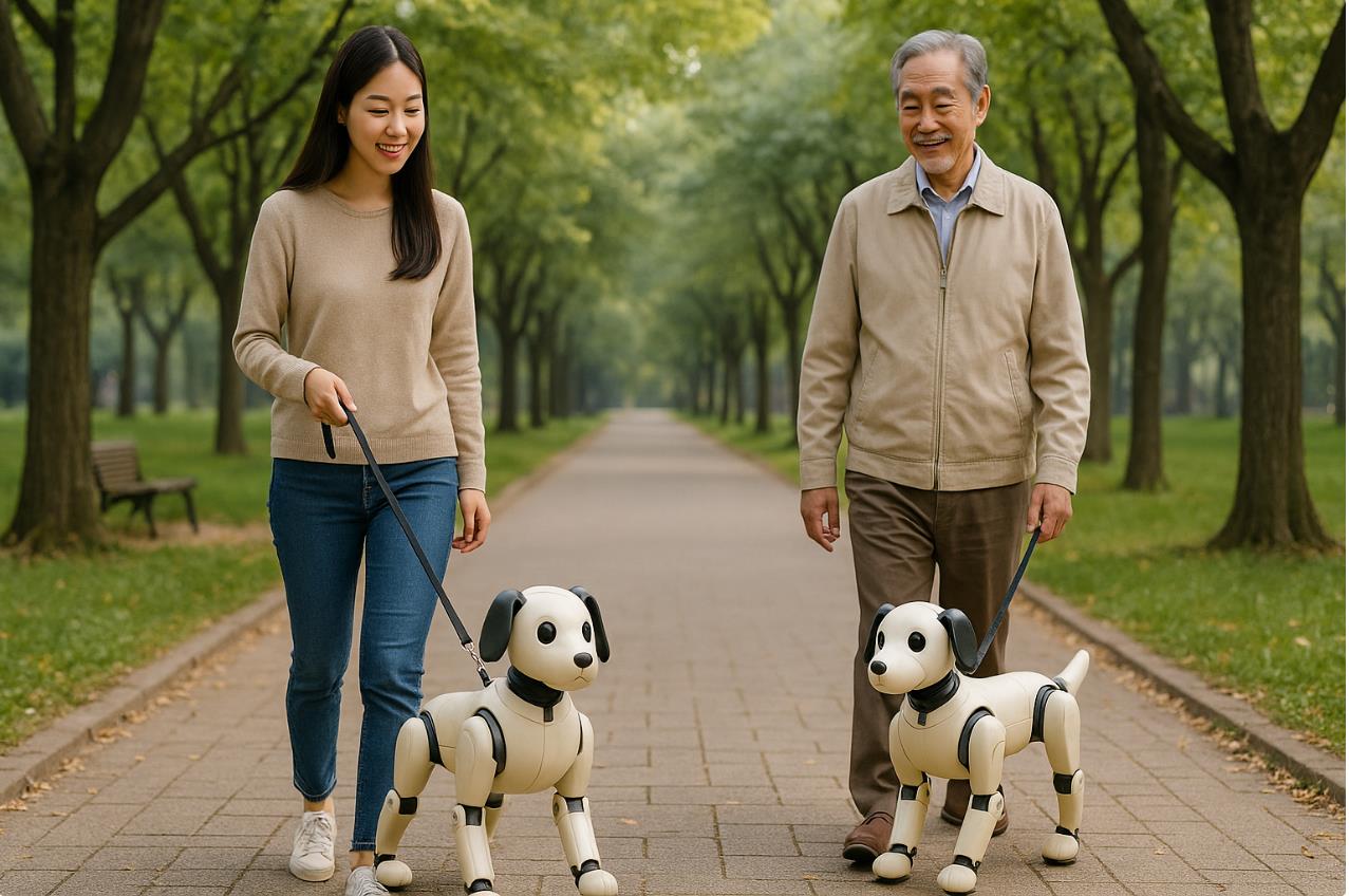 로봇 애완 강아지를 데리고 공원을 산책하는 모습