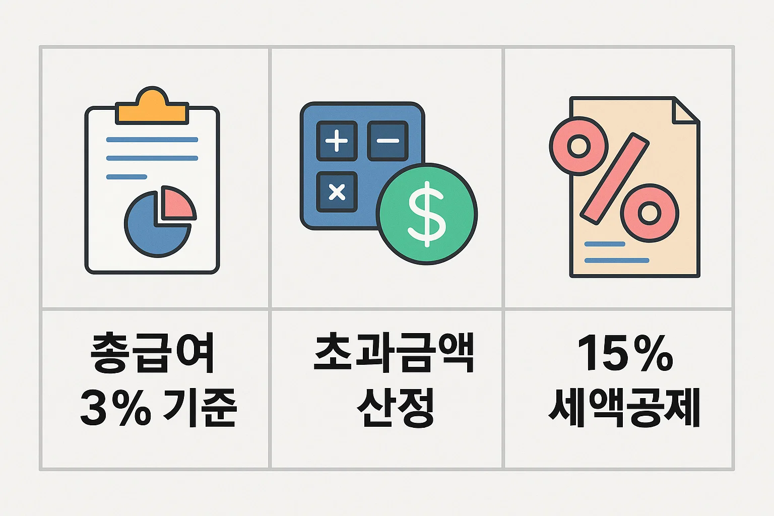 총급여 3% 초과 금액 기준으로 산정되는 약값 세액공제 구조를 시각화하여, 초과금액 산정과 15% 공제율 적용 방식까지 한눈에 이해할 수 있게 정리했습니다.