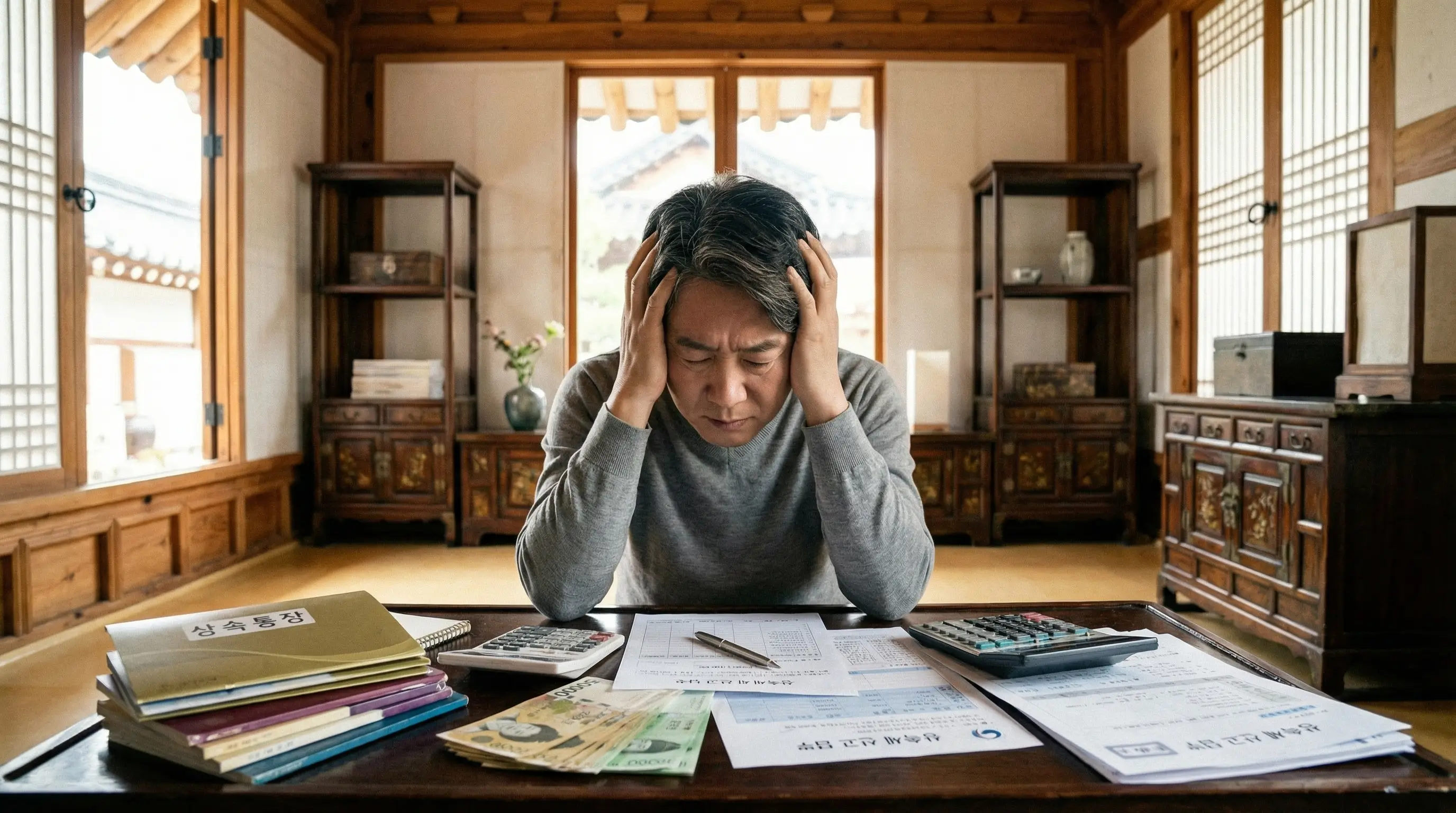 상속받은 통장과 계산기를 앞에 두고 세금 걱정에 잠긴 상속인의 모습
