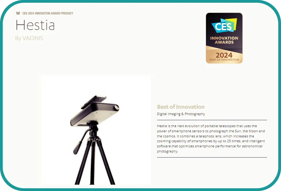 Vaonis의 Hestia 스마트폰 기반 망원경 ces2024의 최고혁신상