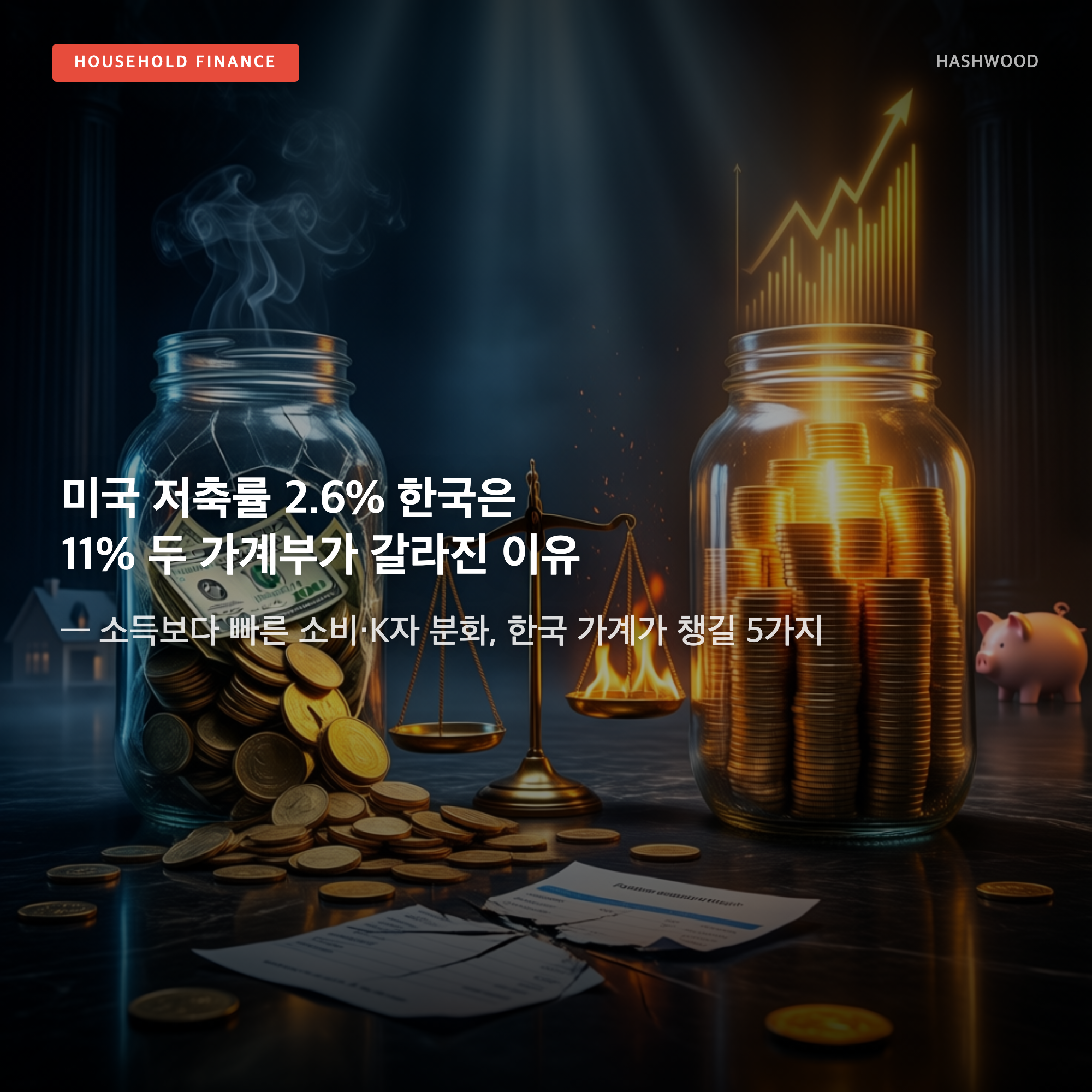 그림: 미국 저축률 2.6% 한국은 11% 두 가계부가 갈라진 이유 — — 소득보다 빠른 소비·K자 분화, 한국 가계가 챙길 5가지