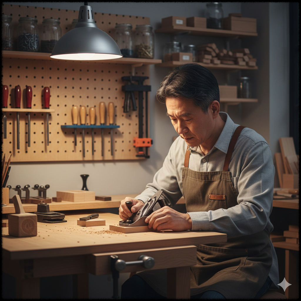 홈 공방에서 중년 남성이 간단한 목공 DIY 작업을 하는 모습