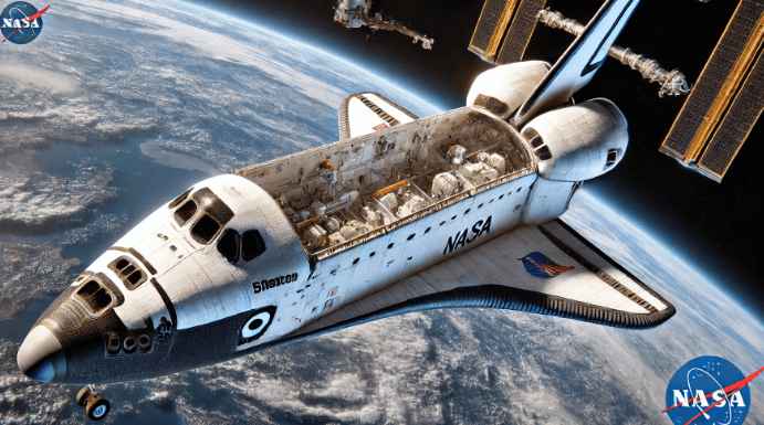 우주 왕복선의 모습 내부가 훤히 들여다 보이는데 이는 투명화 한것이고 원래는 외벽이 존재한다. 우주왕복선이 지구 궤도 위를 돌고있다 뒤로는 인공위선 태양열 판이 있다.