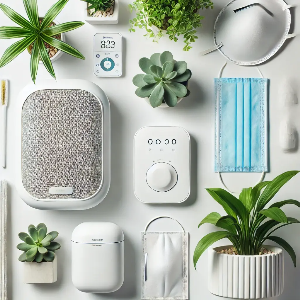 공기청정기, 마스크, 실내 식물이 놓인 깨끗한 스튜디오 컷