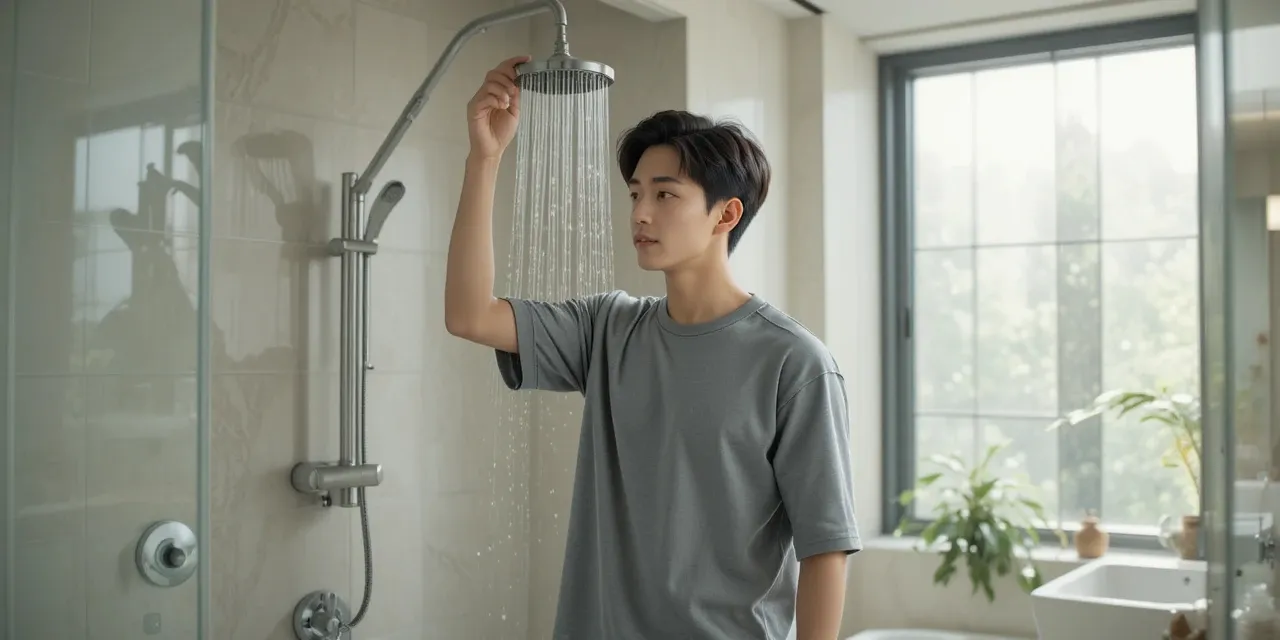 절수 샤워기와 샤워 타이머를 사용해 물을 절약하는 모습