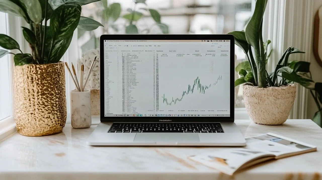 2025년 국내 상장 미국 월배당 ETF 순위와 비교 테이블이 노트북 화면에 표시되어 최신 ETF 정보 확인과 투자 전략 수립에 유용한 주식 투자 workspace 모습.