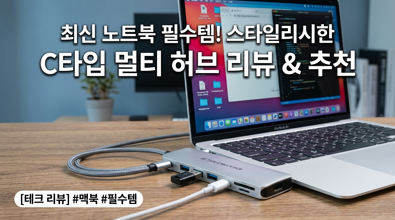세련된 메탈 소재의 USB C타입 멀티 허브와 노트북 주변기기 모습