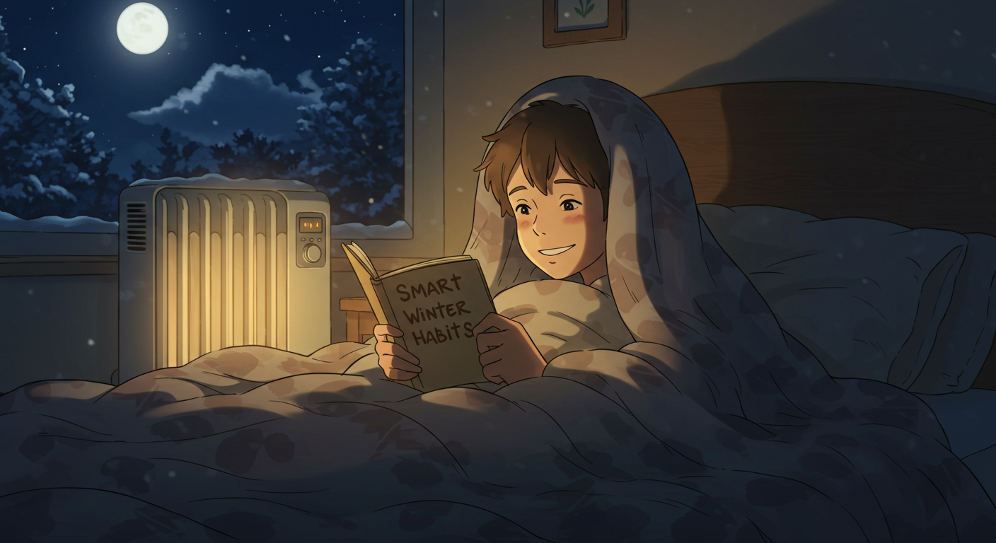 겨울밤, 따뜻한 방 안에서 전기 절약 습관을 되돌아보는 장면
