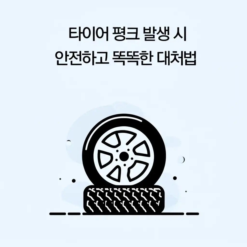 타이어 펑크 시 차량을 안전하게 정차하고 비상등을 켜는 긴급 대처 단계를 보여주는 이미지