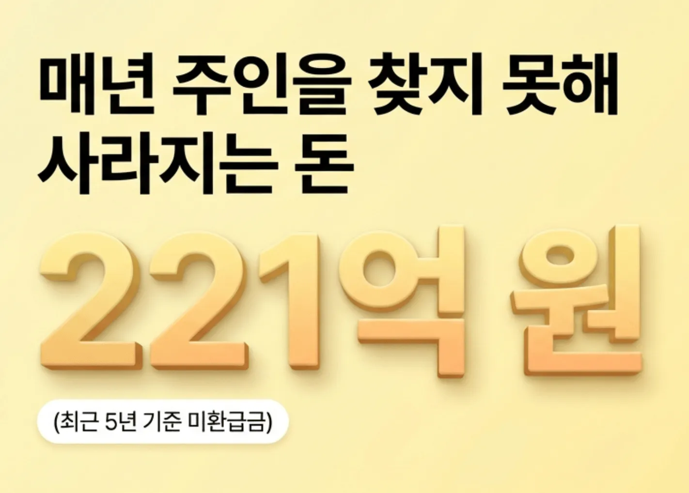 건강보험 환급금: "매년 주인을 찾지 못해 사라지는 돈 221억 원(최근 5년 기준 미환급금)"이라는 문구가 강조된 인포그래픽 이미지. 3D 스타일의 금색 숫자로 221억 원이 크게 표시되어 있다. 이 이미지는 건강보험 환급금 소멸시효 3년 이내에 신청하지 않으면 국고로 귀속되는 미환급금 규모를 시각적으로 전달하며, 건강보험 환급금 조회의 시급성을 안내.