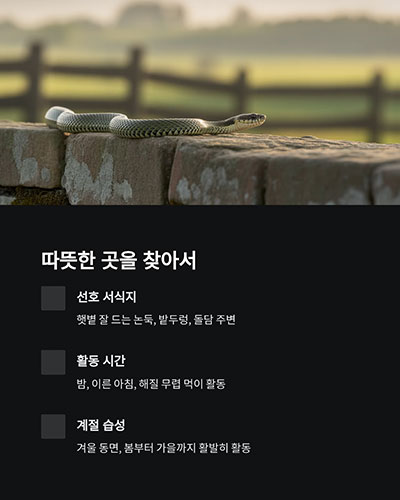 주 서식지: 볕 잘 들고 따뜻한 밭두렁, 돌무더기 근처