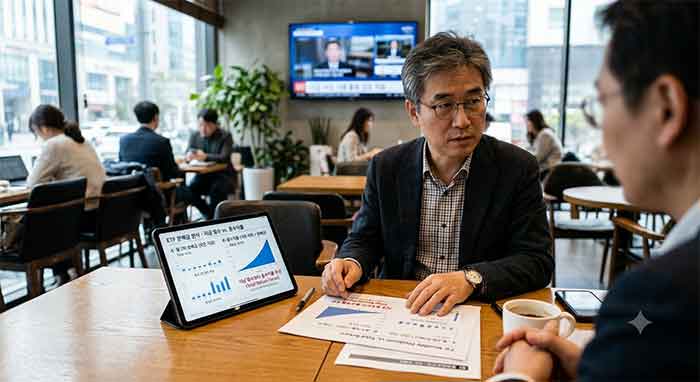 ETF 분배금 분석 자료를 보며 논의하는 두 전문가.