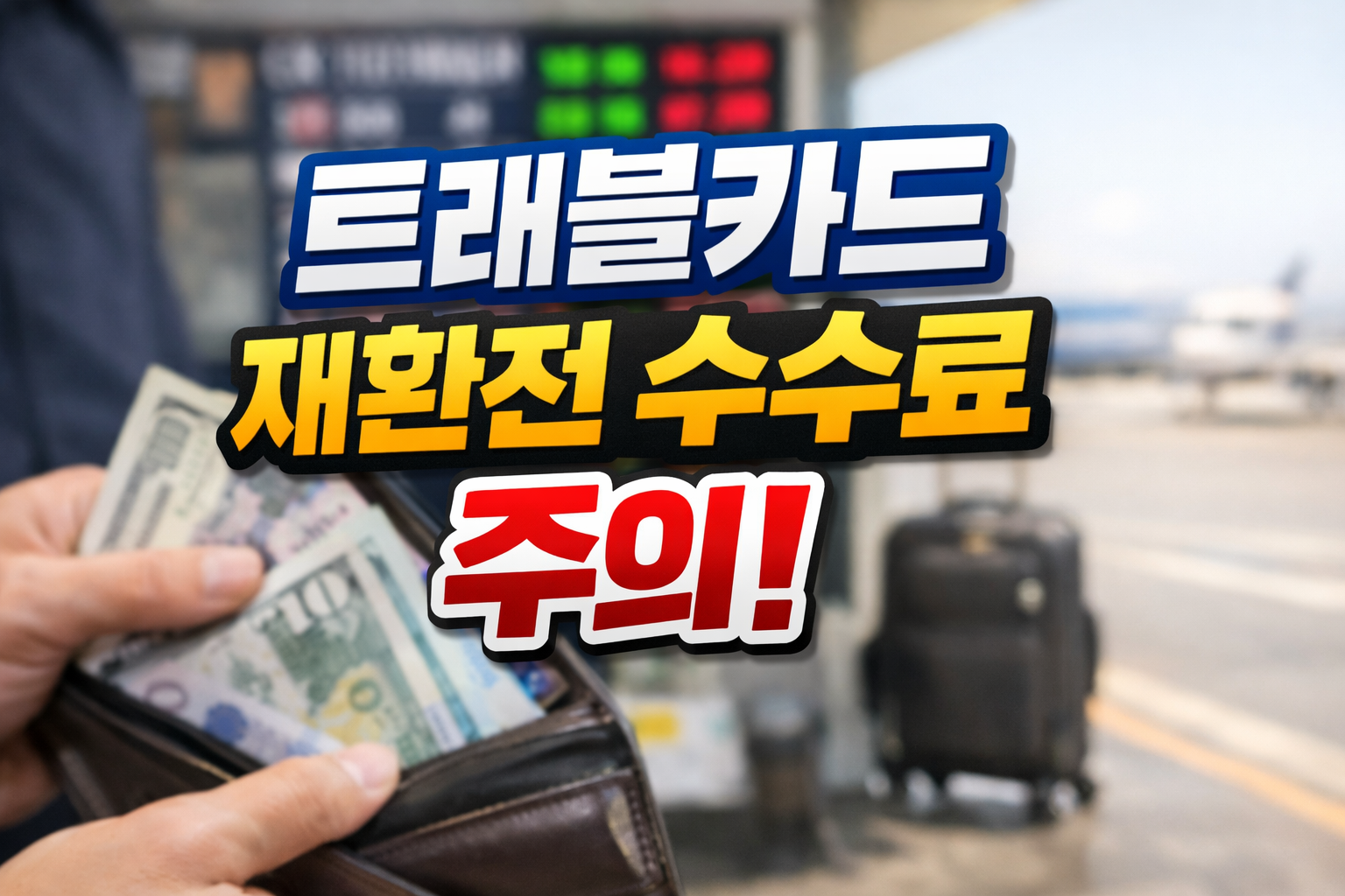 트래블카드 재환전 수수료 주의를 강조한 이미지, 해외 결제용 카드 환급 비용과 엔화 환전 시 유의사항을 표현