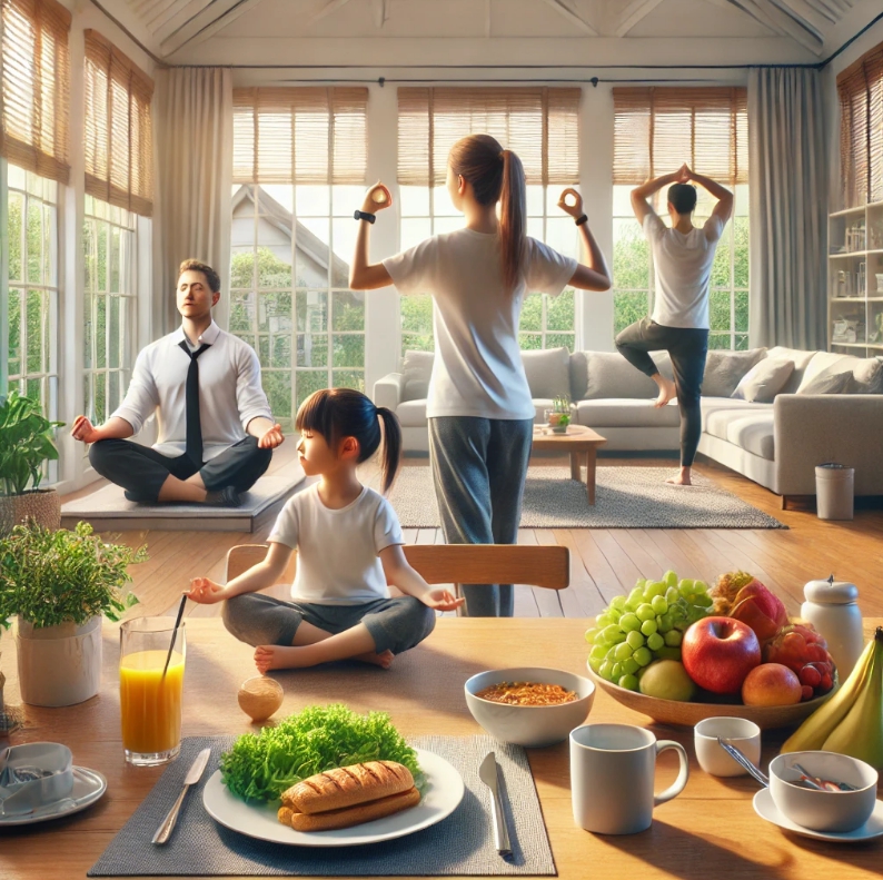 가족이 실내에서 아침시간을 활용하는 모습