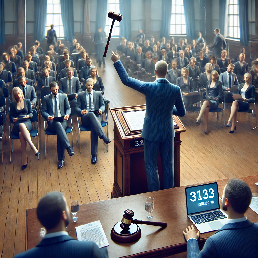 경매장에서 경매 진행 중 입찰 패들을 드는 사람