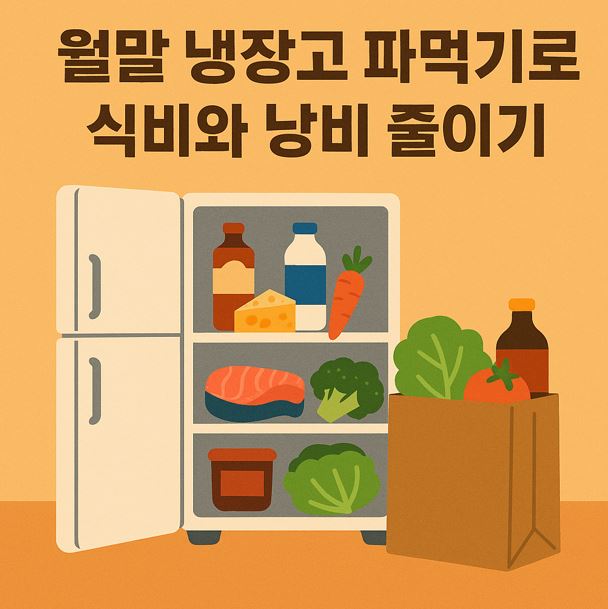 월말에 냉장고 파먹기로 식비를 줄이자는 의미를 담은 냉장고와 식재료가 그려져 있는 그림