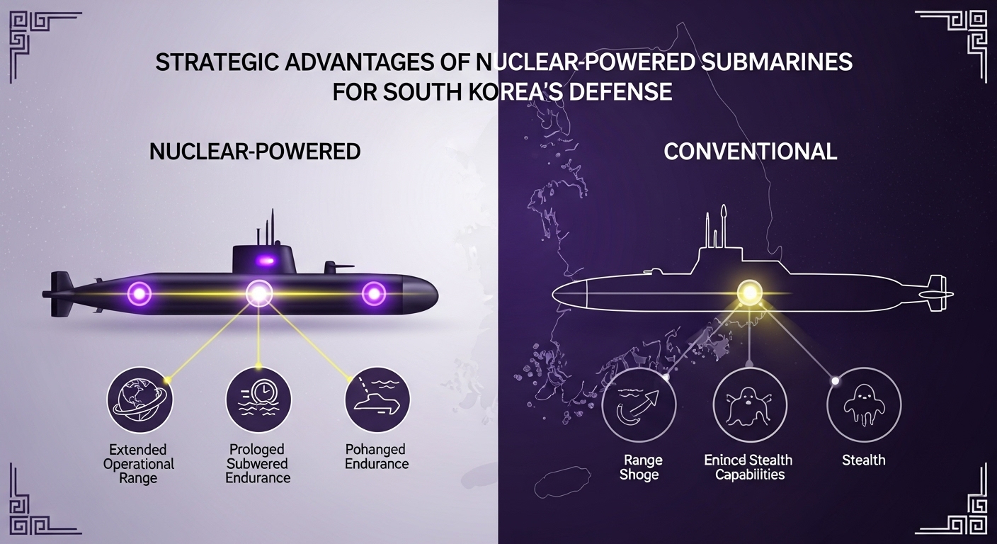 한국의 핵 추진 잠수함 도입 시 예상되는 전략적 이점을 보여주는 인포그래픽: 긴 작전 반경, 확장된 잠항 능력, 뛰어난 은밀성 등.