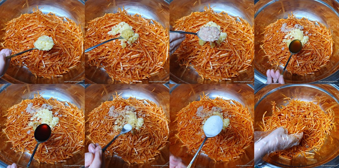 빨간물이 잘 든 무채에 양념(마늘 1.5T, 생강청 1Ts, 새우젓 1T, 멸치액젓 2T, 매실청 3T, 미원 1/2Ts, 설탕 5T)을 넣고 버무리는 사진