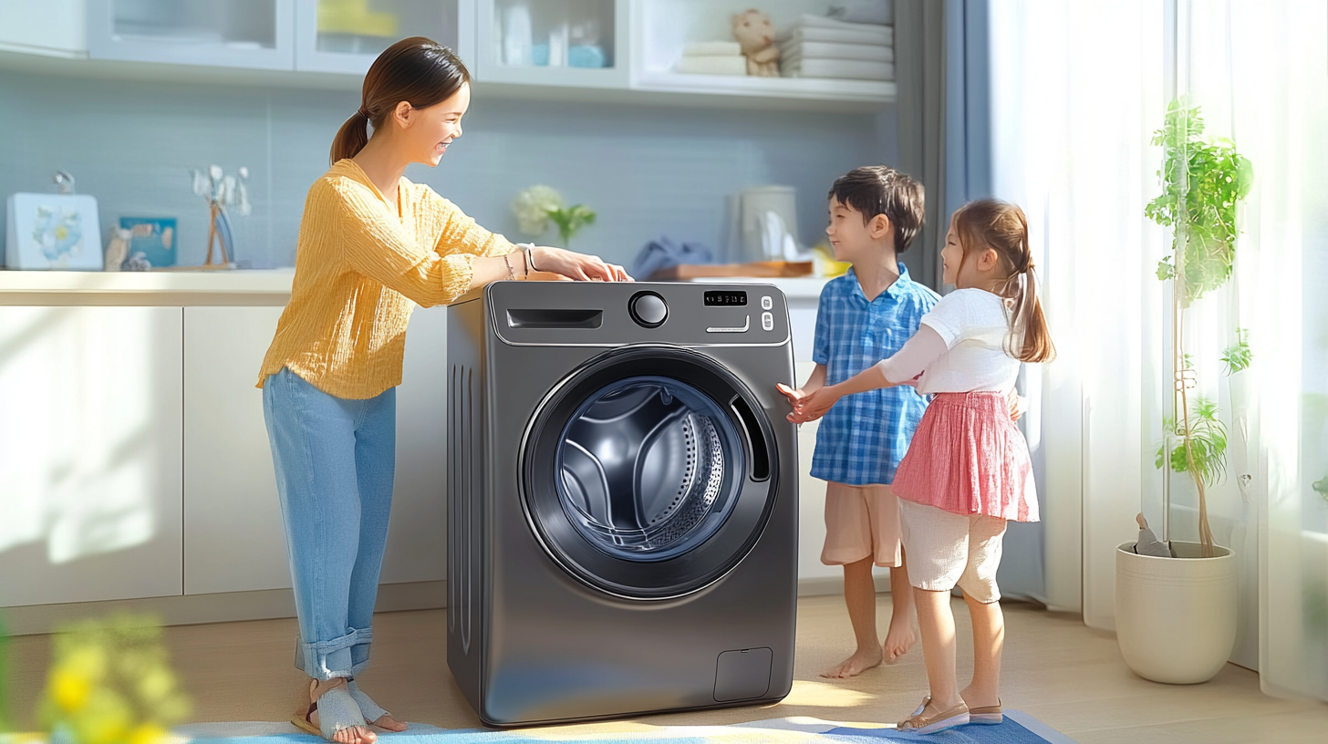 밝은 현대식 아파트에서 삼성 세탁기를 사용하는 가족이 세탁의 편리함과 화목한 분위기를 보여주는 장면.