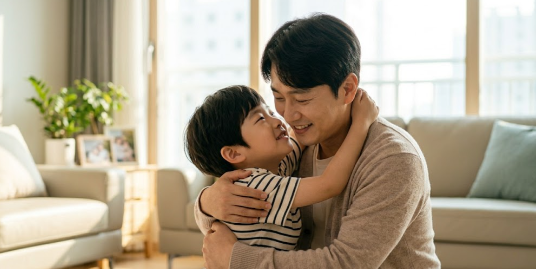따뜻한 햇살 아래서 아이를 꼭 안아주는 부모의 모습