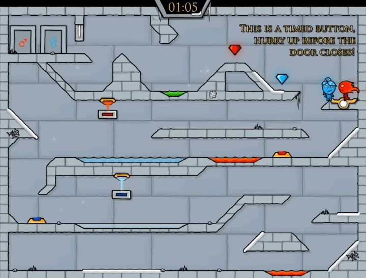 물과-불 -2인용-게임하기-아이스템플-플레이-흰색-버튼을-밟고-출구앞에-막혀-있는-벽을-오픈하는-화면