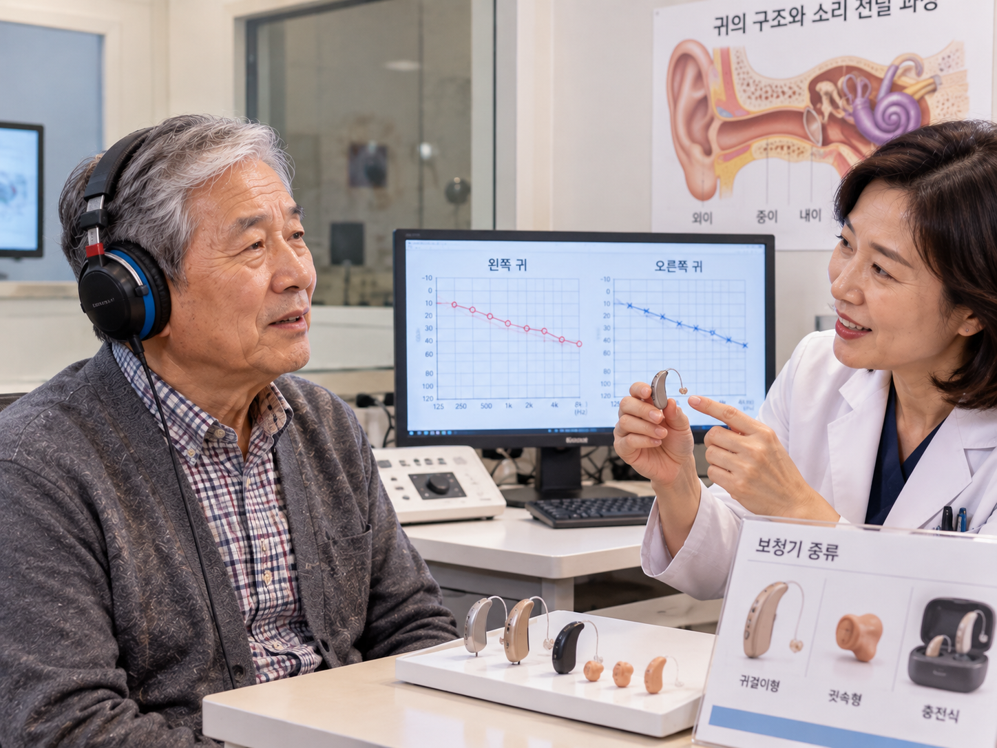 이비인후과에서 청력검사를 받고 보청기에 대해 상담하는 어르신의 모습