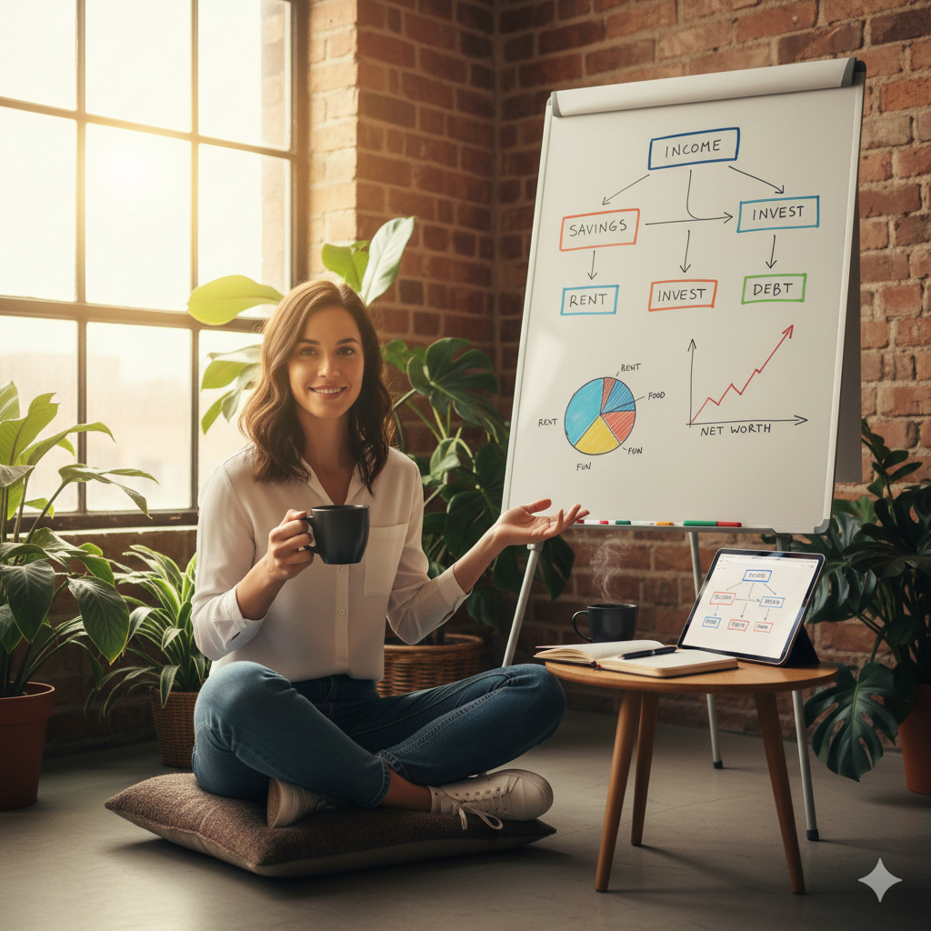 실내 식물이 가득한 편안한 공간에서 한 여성이 커피 잔을 들고 수입, 저축, 투자 흐름도가 그려진 화이트보드를 가리키며 웃고 있는 모습이에요. 테이블 위 태블릿에도 동일한 재무 구조도가 띄워져 있어요.