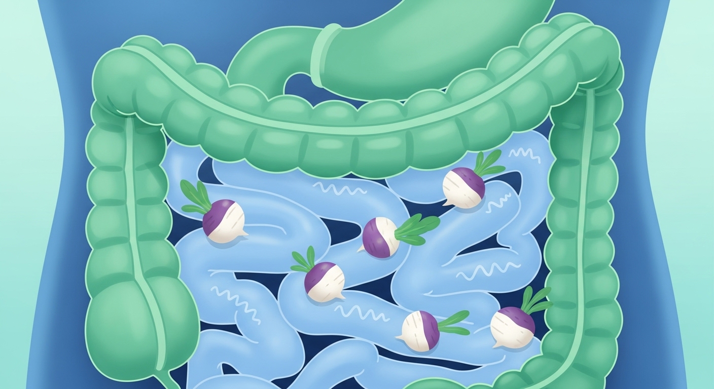 순무 조각들이 소화 기관을 깨끗하게 하고 소화를 돕는 모습을 묘사한 삽화. 건강한 장과 원활한 소화 과정을 상징한다.