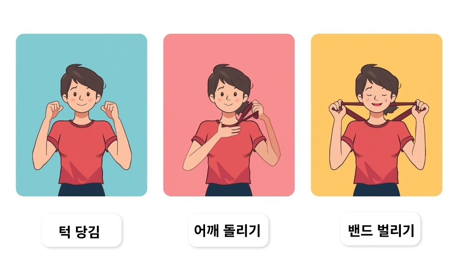 목 당기기, 어깨 돌리기, 밴드 스트레칭 3단계 운동 일러스트