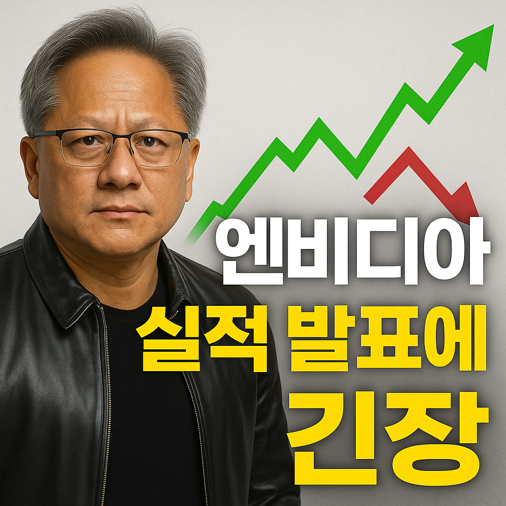 &ldquo;엔비디아 실적 발표 긴장감을 강조한 썸네일. 젠슨 황 이미지와 상승&middot;하락 그래프가 함께 배치된 뉴스형 그래픽.&rdquo;