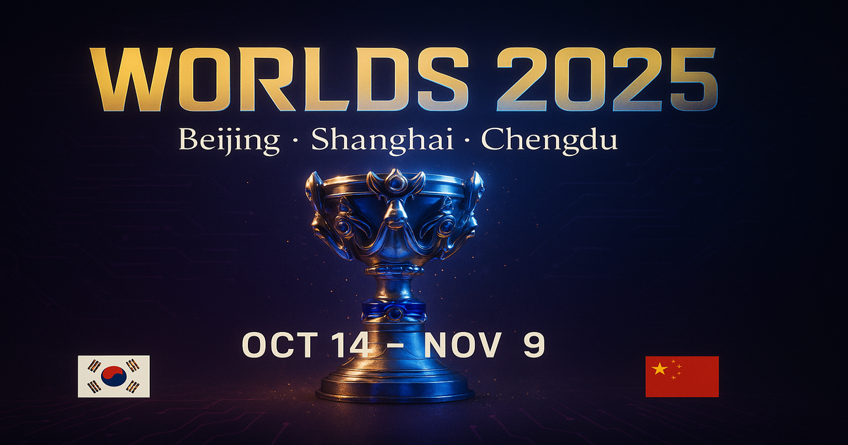 2025 리그 오브 레전드 월드 챔피언십 일정 및 개최지 안내 배너, 베이징·상하이·청두에서 10월 14일부터 11월 9일까지 진행