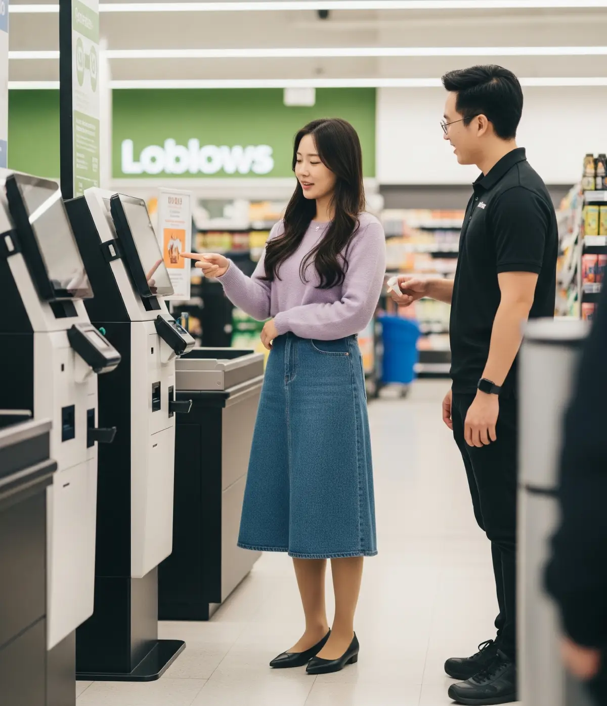 캐나다 마트의 셀프 계산대에서, 도움이 필요한 척하며 직원에게 'Could you help me with this?'라고 말을 거는 작은 용기를 실천하는 여성
