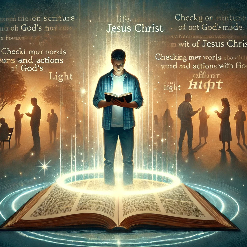 Here is the image depicting a person reflecting on God's word with humility, understanding that their circumstances are part of God's plan, not their own effort. The person is shown sharing the gospel and offering light and hope to others, while carefully aligning their actions with the teachings of Jesus Christ.