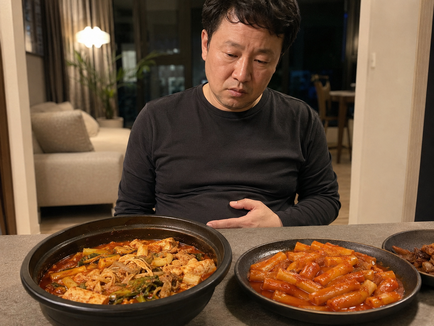 40대 야식 뱃살 늘어나는 이유를 보여주는 마라탕과 떡볶이 이미지