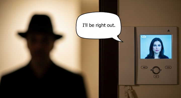 인터폰 화면에 모자 쓴 낯선 사람 실루엣이 흐리게 잡혀 있음