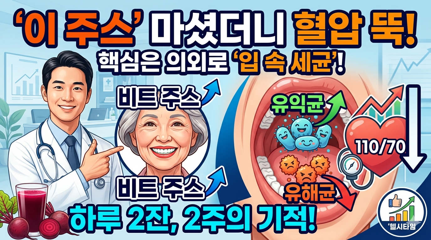 신선한 비트와 비트주스가 놓인 테이블 배경, 혈압 감소 및 구강 미생물 유익균 증가를 나타내는 타이틀 그래픽