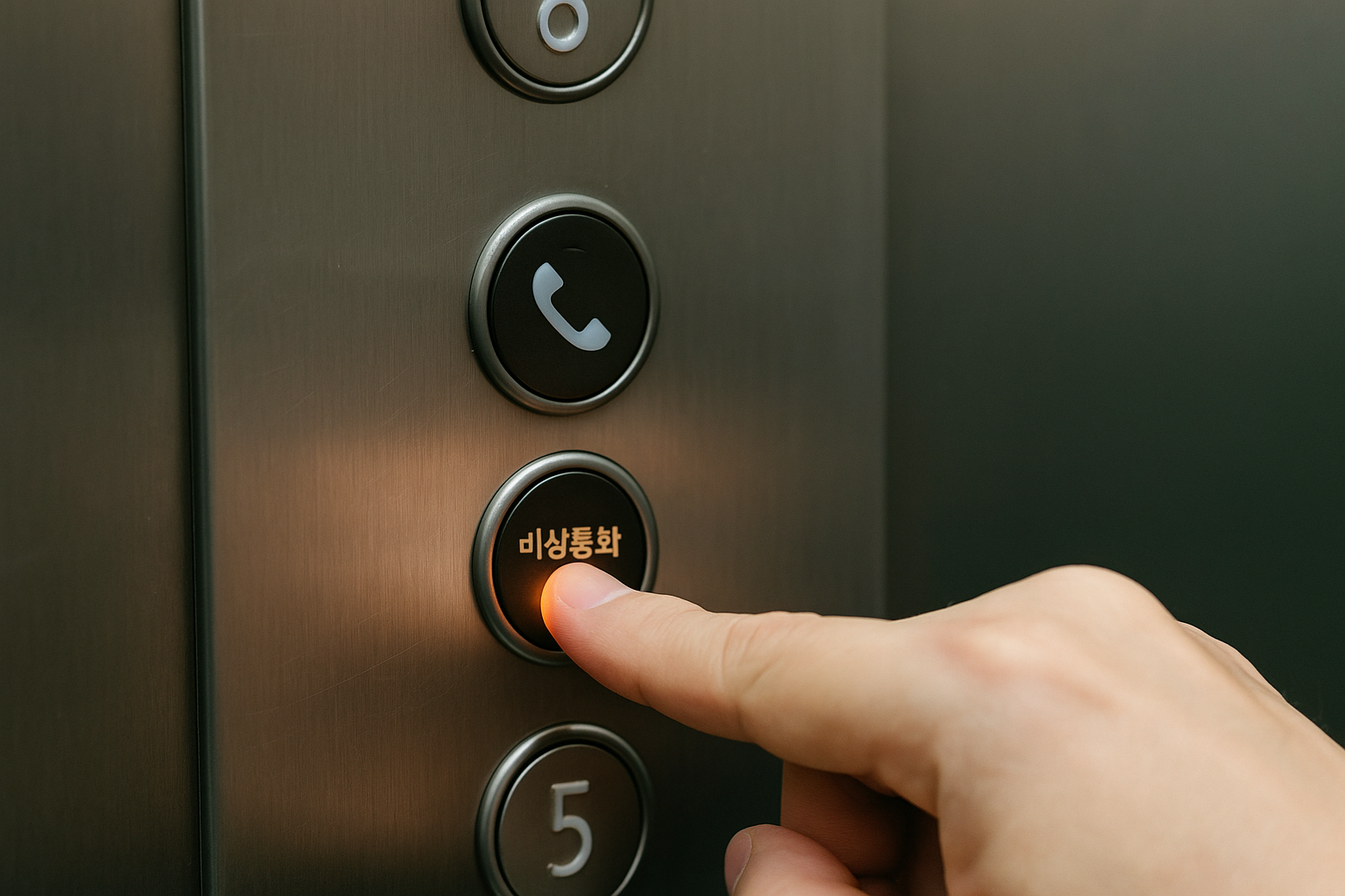 엘리베이터 조작반에서 비상통화 버튼을 누르는 손 — 갇힘 시 연락 장면