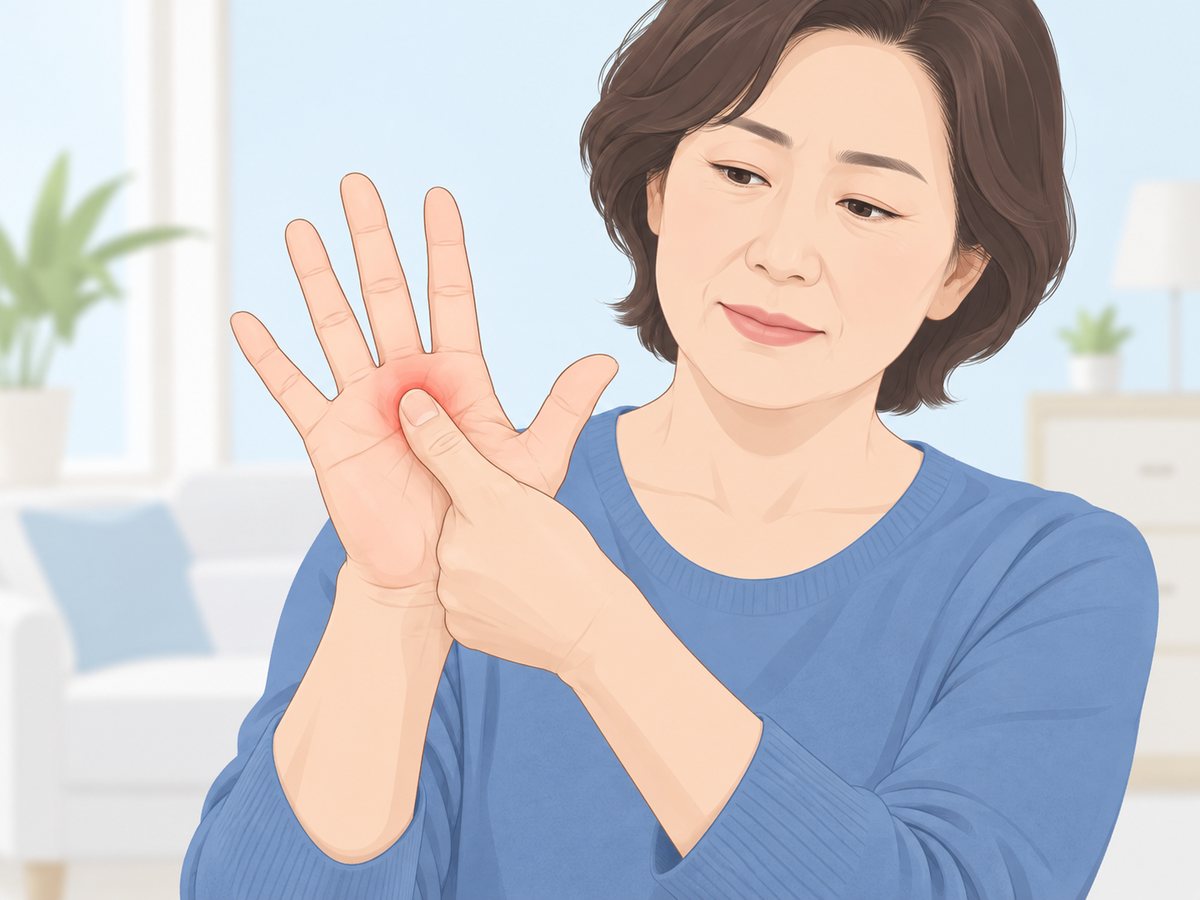 손바닥 쪽 가운뎃손가락 뿌리 마디를 엄지로 눌러 보는 여성
