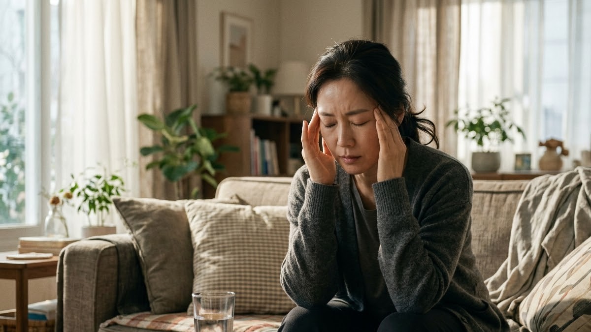 교통사고 후 두통과 어지럼증으로 관자놀이를 누르는 여성