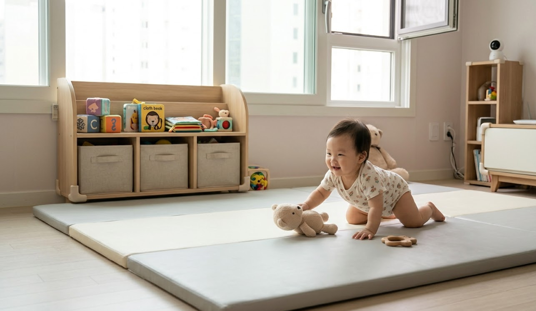 영아기 아기에게 안전한 환경. 안전한 바닥매트, 가구 모서리 보호대 등