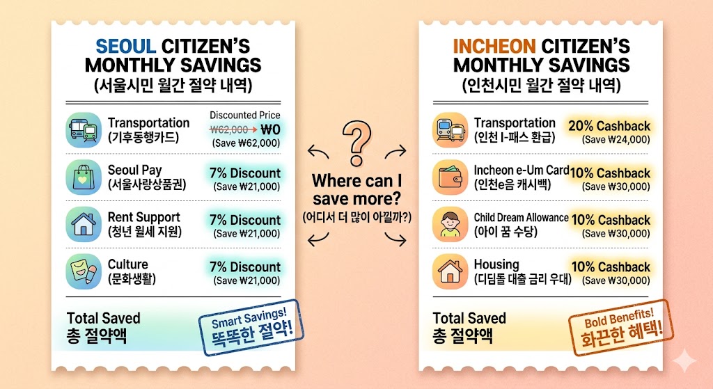 가상의 영수증을 통해 서울 기후동행카드 및 월세 지원과 인천 e음카드 캐시백 및 아이꿈수당 혜택을 시각적으로 비교한 인포그래픽
