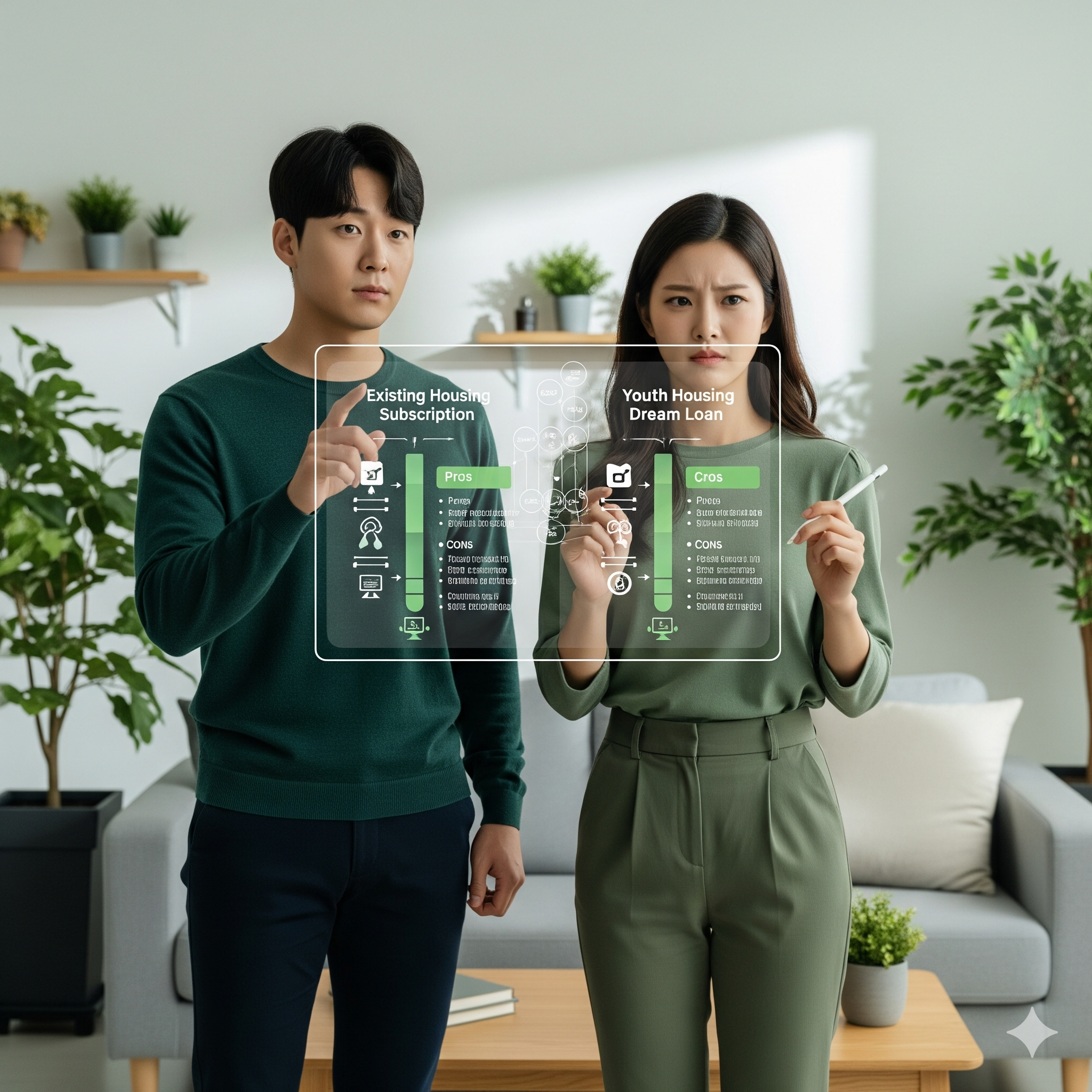 투명 화면 인포그래픽을 보며 주거 계획을 고민하는 젊은 남녀