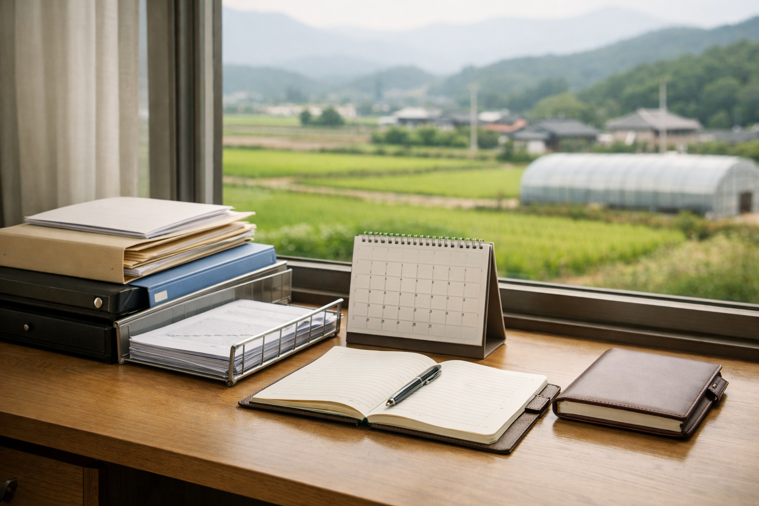 귀농 행정 기록을 정리하며 신청 시점을 검토하는 농촌 사무 환경
