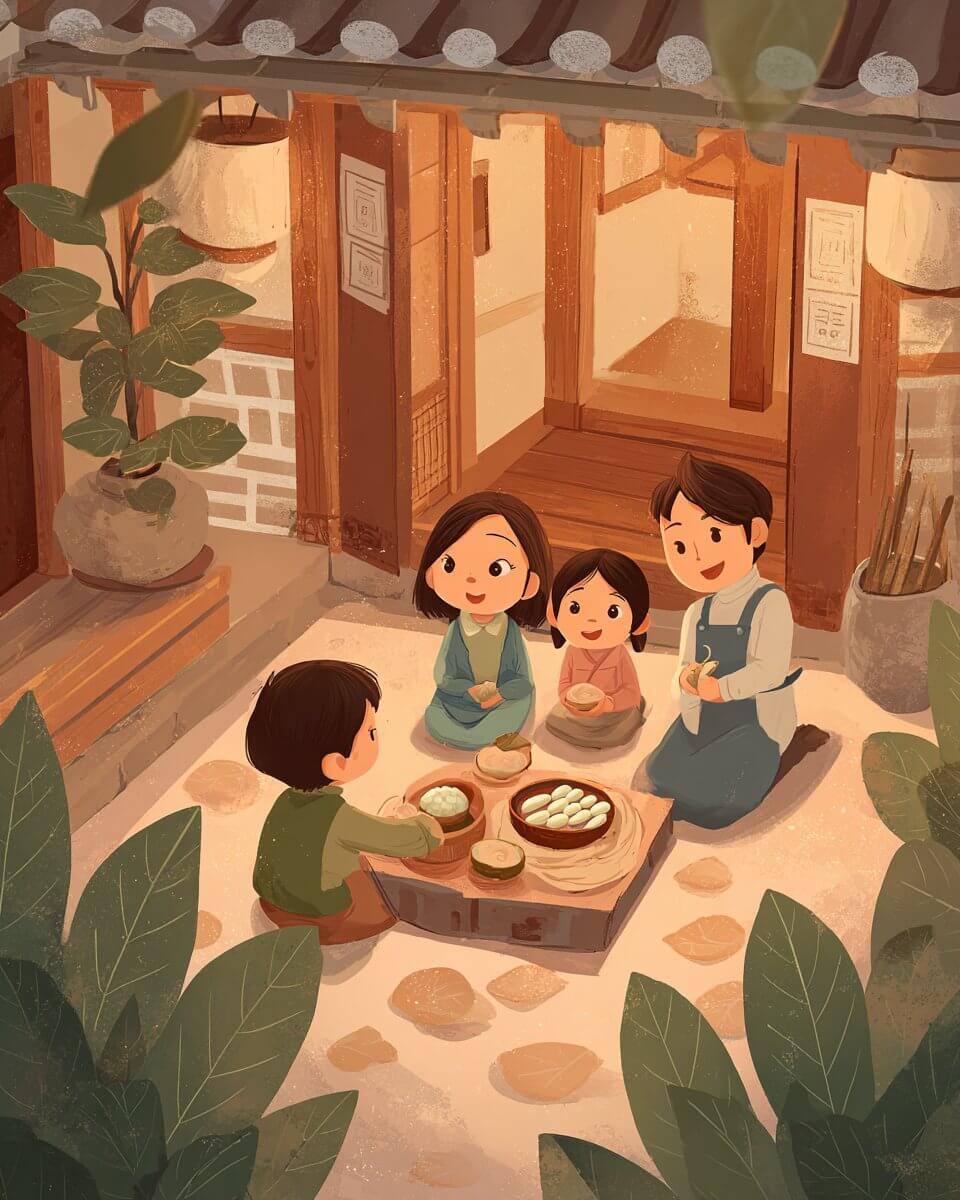 따뜻한 붓터치로 표현된 한가위 풍경 그림